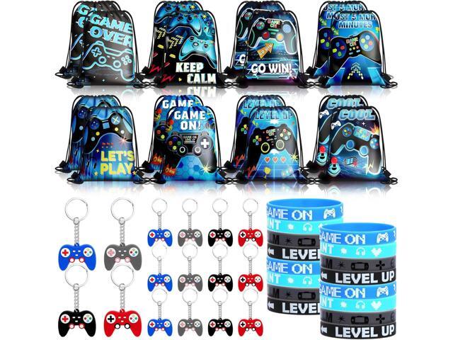 48pcs Video Game Party Supplies Blue Black Video Game Party Goodie Bags Bulk with Drawstring Bracelets,Video Game Controller Keychains Bracelets.