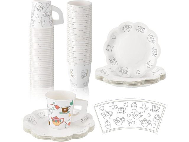 Nuenen 36 Set Color Your Own Tea Party Paper Cups with Handles Disposable Tea Cups and Saucers Plates DIY Coloring Activity Crafts for Kids...