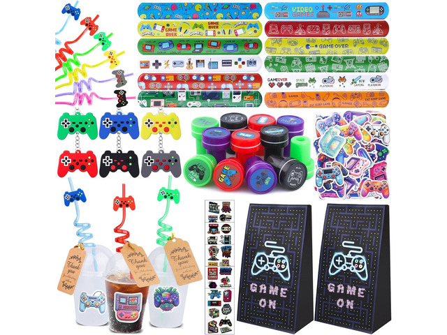 196Pcs Video Game Party Favors, Video Themed Birthday Party Supplies for Kids Video Keychian Stamper Slap Bracelet Bags Tattoo Sticker Video Game...