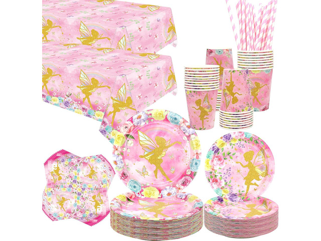 Fairy Party Supplies - Fairy Party Tableware - Dinner Plates Desserts Plates Cups Napkins Tablecover Straws for Pink Fairy Flower Girls Princess...