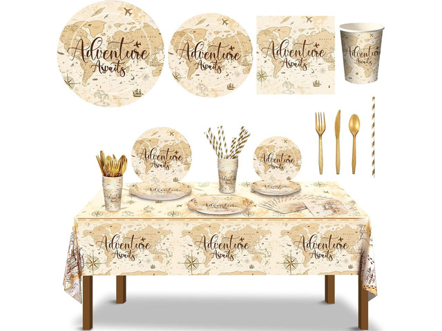 130 Pcs Travel Party Decorations Adventure Awaits Bon Voyage Party Supplies World Map Tablecloth Sets Includes Travel Plates Tablecloth Cups Straws...
