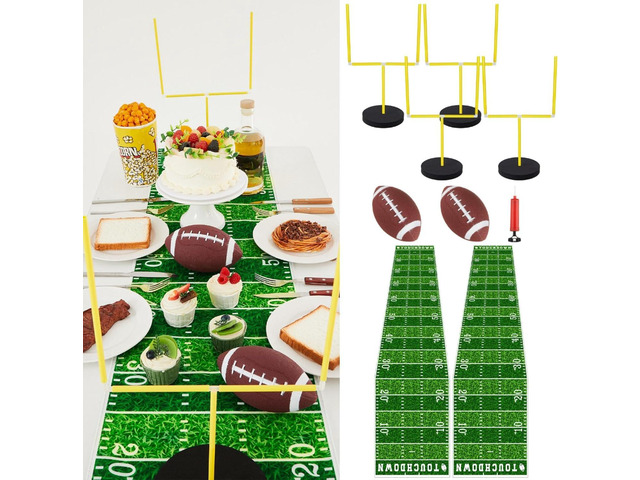 WinnerWhy 9 Pcs Football Party Goal Post Decoration Kit Includes 4 Football Field Goal Post 2 Football Court Table Runner 2 Mini Football 1 Pump...