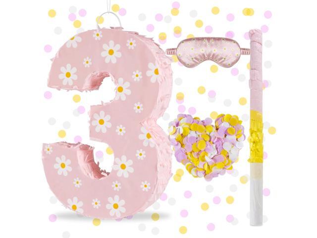 Daisy Birthday Decorations, Daisy Number 3 Piñata with Blindfold Stick Blindfold Confetti for Pink Flower Boho 3rd Birthday Party Supplies (Daisy 3)