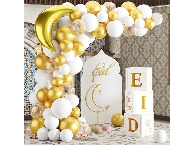 Eid Mubarak Decoration for Home 2026 - 89 White Gold Balloon Arch with Eid Mubarak Star Balloons,Star Moon Balloon Boxes,Ramadan Party Supplies...