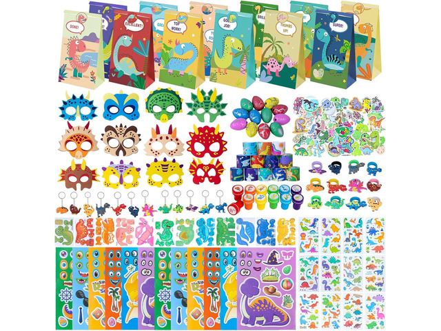 Dinosaur Party Favors for Kids -12 Pack Dinosaur Gift Bags with Masks, Stamps, Stickers, Keychains, Dinosaur Eggs & Rings, Dinosaur Birthday Party...