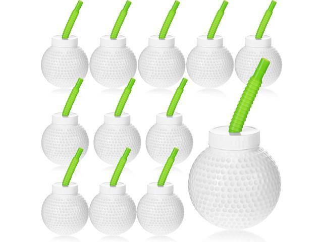 Sawysine 12 Set Golf Ball Cups with Straws and Lids - 10 oz Reusable Golf Plastic Cups Bulk for Kids Birthday Theme Party Supplies