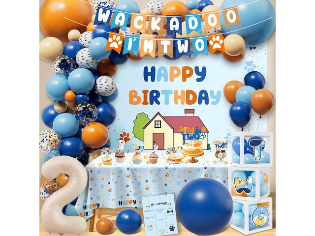 Blue Dog 2nd Birthday Party Supplies Blue & Orange Themed Second Birthday Decorations Backdrop Balloons Arch Box High Chair Banner Bday Party Idea...
