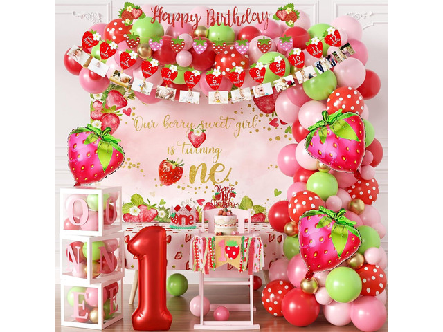 Strawberry 1st Birthday Decorations for Girls - Berry First Birthday Decor - Berry Sweet One Themed Party Supplies Kit with Balloon Arch, Highchair...