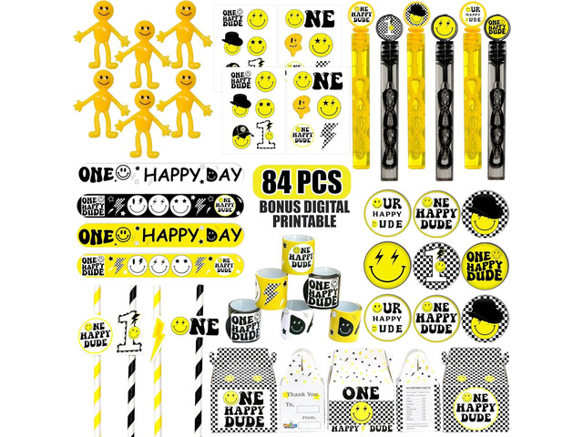 84 Pcs One Happy Dude Birthday Party Favor, 12 Set of Smile Face Theme Gift Box Straw Bubble Stickers Smile Badge Pin for First Birthday Party Supply