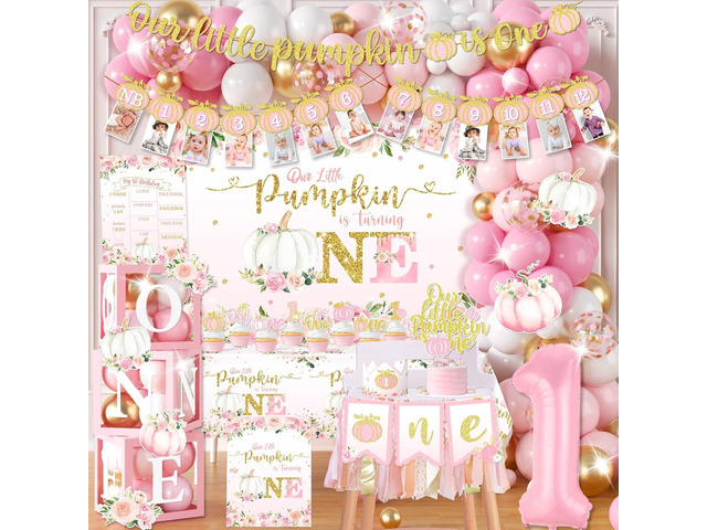 Our Little Pumpkin is Turning One Decorations-174Pcs Pink Pumpkin Balloon Arch Garland Kit with Backdrop,Photo Banner,Balloon Boxes for Girl 1st...