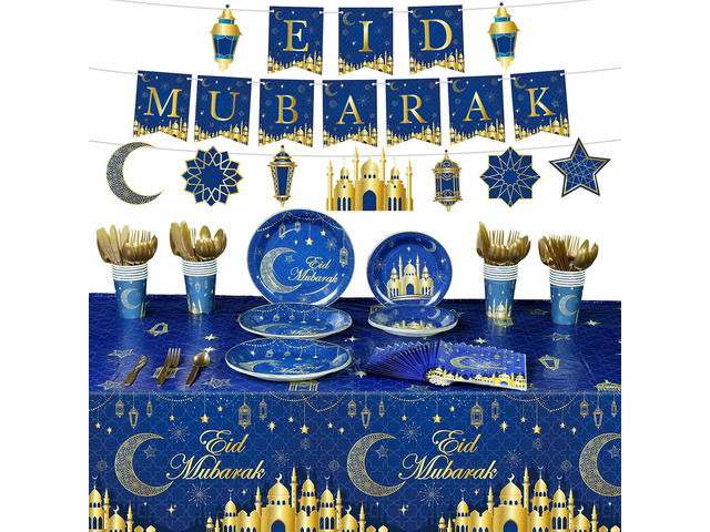 Nuanchu 172 Pcs Eid Mubarak Party Decorations Ramadan Kareem Party Supplies 9' Plates 7' Plates Cups Cutlery Napkins 2 Tablecloths 2 Eid Mubarak...