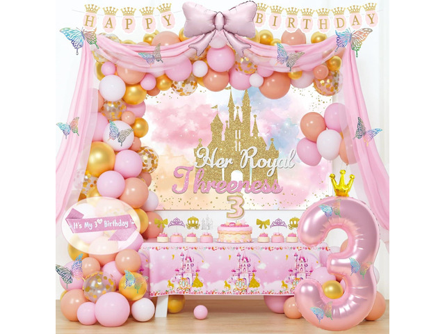 Costova Princess 3rd Birthday Party Decorations, 117 PCs - Her Royal Threeness Birthday Party Supplies with Once Upon a Time Backdrop, Balloon...