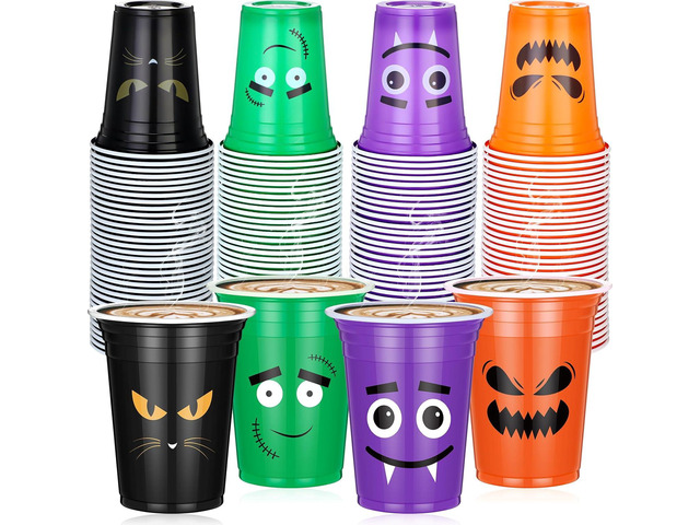 Dandat 120 Pcs 12 oz Halloween Party Plastic Cups Disposable Pumpkin Skull Cups for Halloween Party Favors Supplies Coffee(Cute)