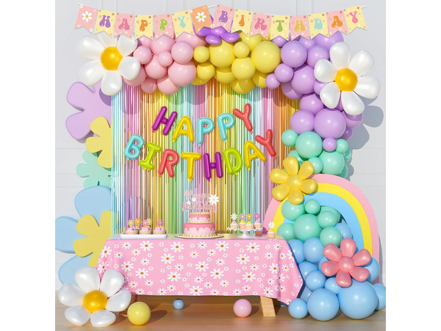 Party Inspo Daisy Party Decorations for Girl, Pastel Rainbow Girly Flower Groovy Boho Birthday Party Decorations, Balloon Garland Fringe Curtain...
