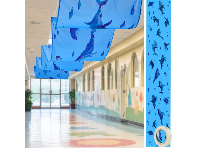 HunnmingRe 1 Pack Shark Ceiling Decorations 32 Inch x 16 ft Under The Ocean Themed Hanging Banner with Tape Ceiling Decor for Ocean Baby Shower...