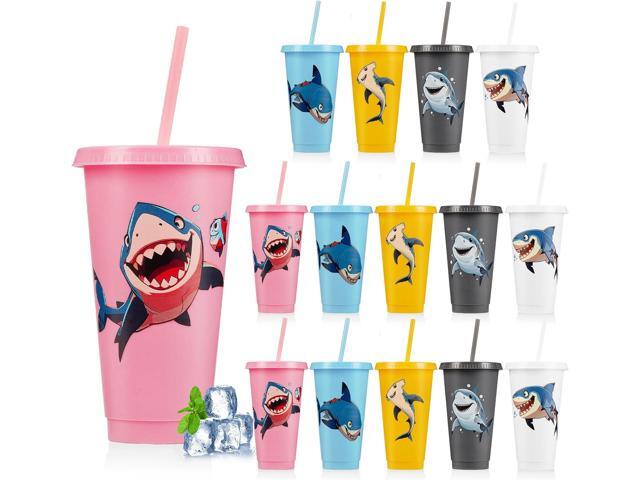 15 Pcs Shark Party Decoration Ocean Animal Cups with Lid Straw 24 oz Plastic Drink Cups Reusable Bulk Shark Tumblers for Marine Life Theme Party...