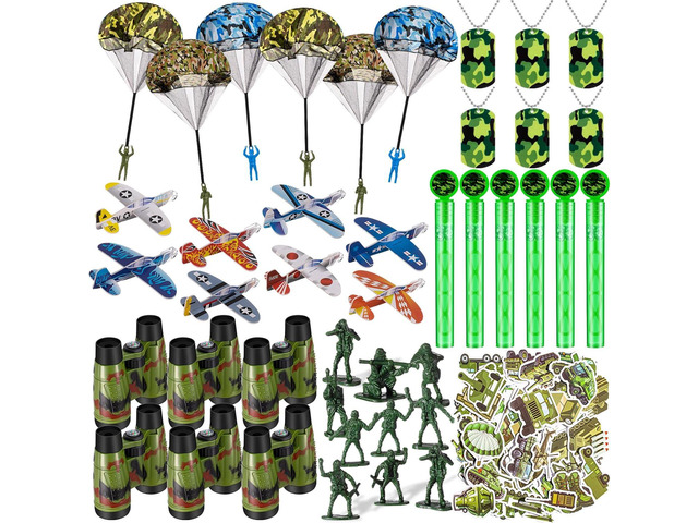 102 Pcs Army Toy Set Military Gift for Boys Bulk Army Soldier Birthday Decoration Camo Party Favor Parachute Telescope Bubble Wand Camouflage...