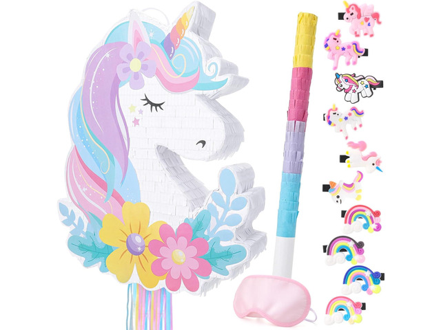 Unicorn Piñata - Unicorn Party Supplies Piñata Bundle with Hair Clip Blindfold and Bat, Pull String Pinata for Birthday Favors Decorations Supplies...