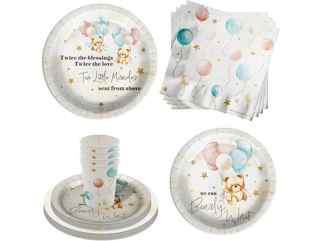 Birthday Galore Twin Teddy Bears Party Supplies - 64 Piece Twins Baby Shower Tableware Set Includes Large 9' Dinner Plates and 8' Dessert Paper...