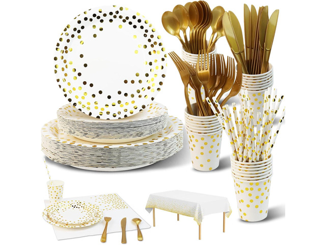 Party Supplies 201pcs White & Gold Plates and Napkins Sets - Disposable Dinnerware Sets for 25 Guests with Paper Plates Cups Straws Plastic Cutlery...