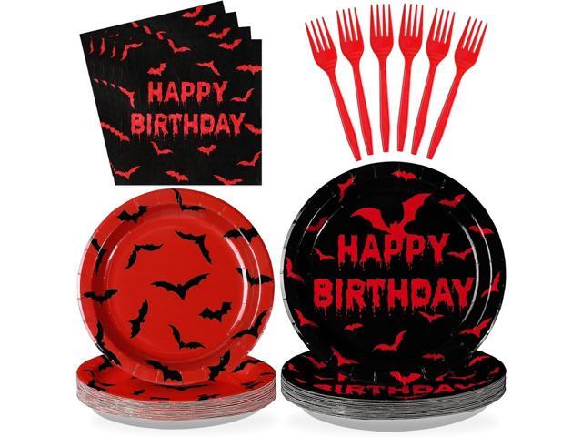 Grencian 96Pcs Bats Birthday Party Supplies Bloody Bat Vampire Paper Plates and Napkins Red and Black Disposable Tableware for Boy Girl Spoky.