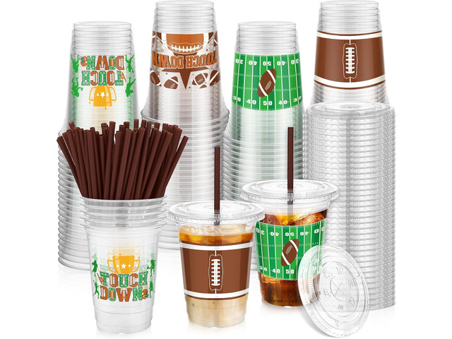 Kochorie 60 Sets 16oz Football Party Plastic Cups with Lids and Straws Football Party Favors Drinking Cups for Game Day Sports Themed Dinnerware...