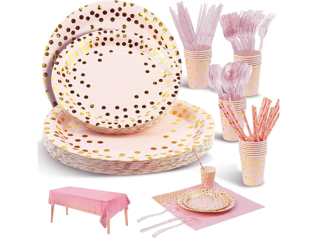 Party Supplies 201pcs Pink & Gold Plates and Napkins Sets - Disposable Dinnerware Sets for 25 Guests with Paper Plates Cups Straws Plastic Cutlery...