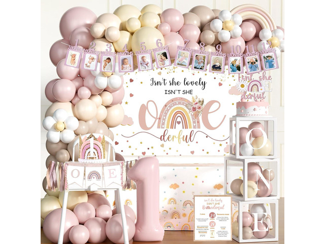 Hombae Isn't She Lovely Isn't She Onederful First Birthday Decorations, 147 PCs Onederful 1st Party Supplies with Boho Rainbow Backdrop, Balloon...