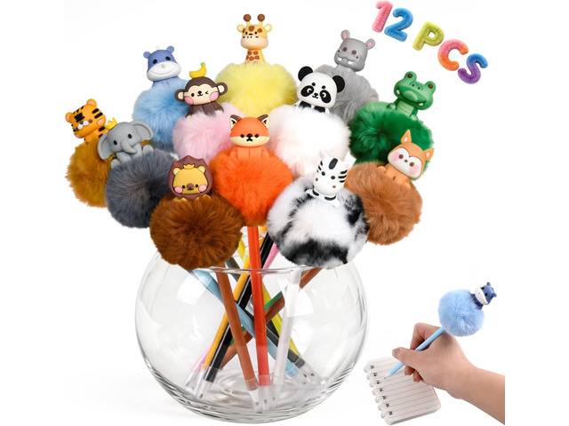 12 Pcs Pom Pom Pens with 3D Animals Fluffy Pen Cute Fun Kawaii Pens for Girl Colorful 3D Animals Shape Pompom Pen for Classroom Prizes Office Supplies