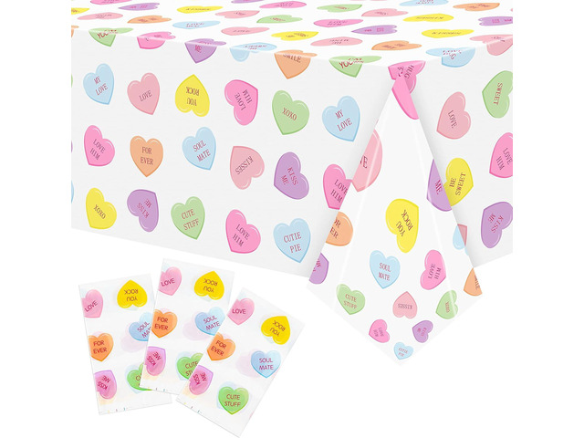 ANGOLIO 3Pieces Valentine's Day Conversation Heart Disposable Tablecloth, Plastic Rectangle Waterproof Heart Party Table Covers, Birthday Party...