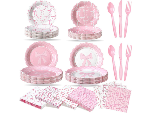 Teenyyou 350 Pcs Pink Bow Birthday Party Supplies Include Bow Plates Napkins Disposable Tableware Set Coquette Birthday Decorations for Girls...