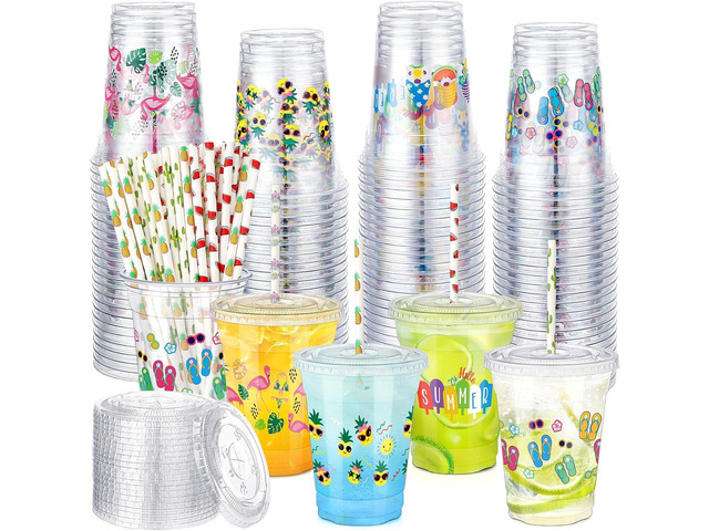 48 Pcs Summer Plastic Cups with Lids and Straws 12 oz Hawaii Luau Disposable Drinking Cups for Hawaiian Beach Party Birthday Baby Shower Wedding