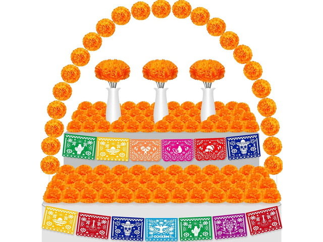 Geosar 118 Pcs Mexican Party Decorations Include Marigold Flowers Dia De Los Muertos Banner for Day of The Dead Cinco De Mayo Mexican Fiesta Party...