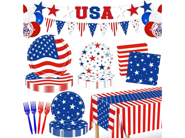 4th of July Decorations, 119PCs Fourth of July Party Supplies-Serves 24 with 250th Independence Day Plates and Napkins Tablecloth and USA Banner...