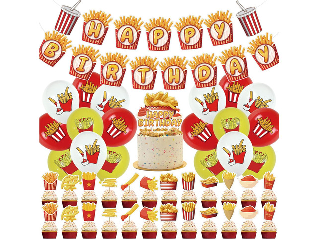 French Fries Birthday Party Supplies French Fries Party Decorations Include HAPPY BIRTHDAY Banner Balloons Cake Topper Cupcake Toppers Fast Food...