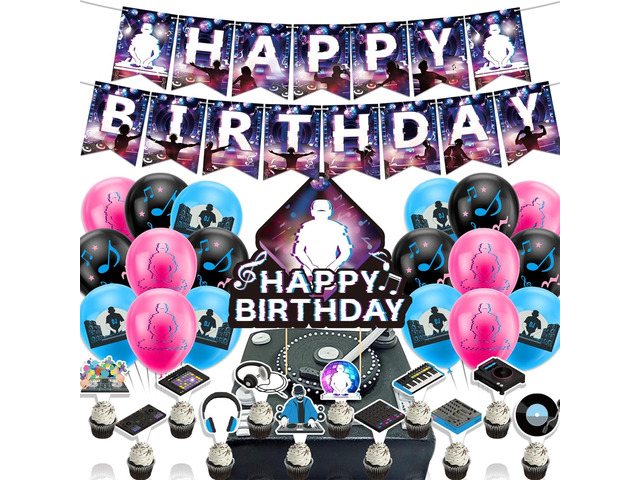 DJ Party Supplies DJ Birthday Party Decorations Includes Happy Birthday Banner Cake Topper Cupcake Toppers Balloons for Rock DJ Theme Birthday...