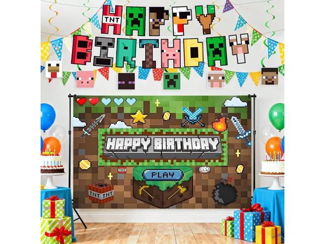 Pixel Game-Happy Birthday Banner- Includes Birthday Banner & Backdrop & Spiral Hanging supplies, Pixel party supplies Kit, Ideal for Game Theme...