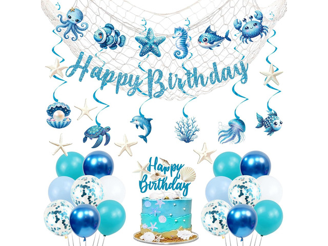 Trgowaul Ocean Theme Birthday Decorations for Girls, Sea Animals Birthday Party Supplies, Fish Hanging Swirls, Seashell Cake Topper, Starfish...