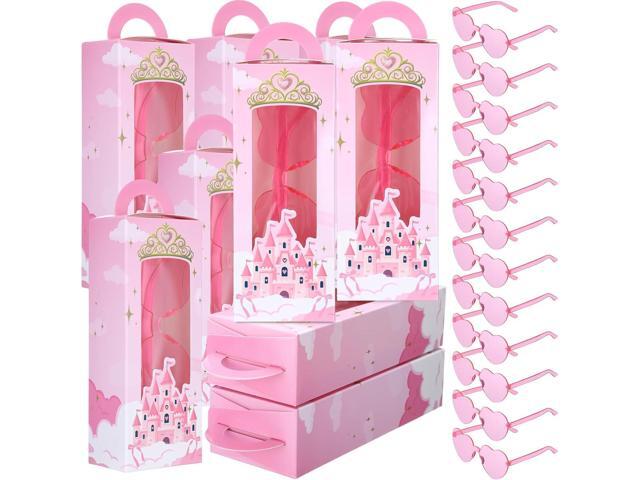 Tellegloww 32 Pieces Princess Party Favor Set for Girls Pink Heart Sunglasses with Castle Gift Boxes Birthday Party Decorations Supplies for Kids