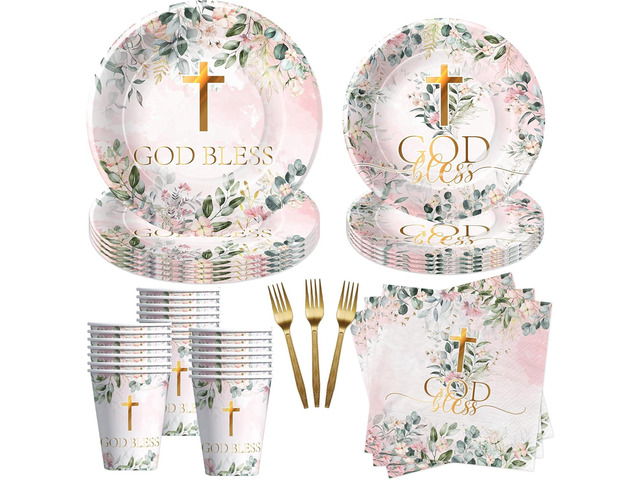 God Bless Baptism Decorations Tableware Girl - First Communion Decorations Supplies, Plate, Cup, Napkin, Fork, Baptism Plates And Napkins Set For...