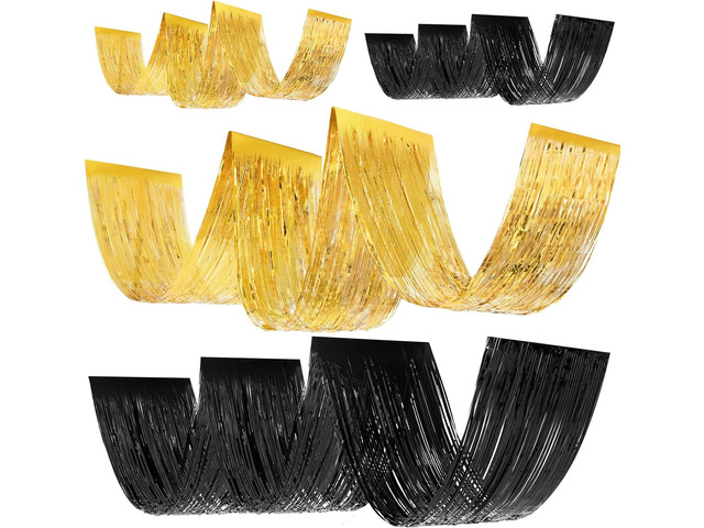 Breling 4 Pcs 15ft Gold and Black Metallic Foil Ceiling Fringe Curtains, Graduation Party Decor, Fringe Drapes for Wedding Birthday Bachelorette...