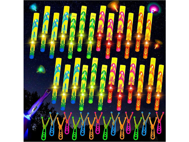 50 Pcs LED Flying Toys Set, Glow in the Dark Party Supplies with 25Pcs Slingshot+25Pcs Glow Helicopters Rocket Launcher Light Up Outdoor Toys...