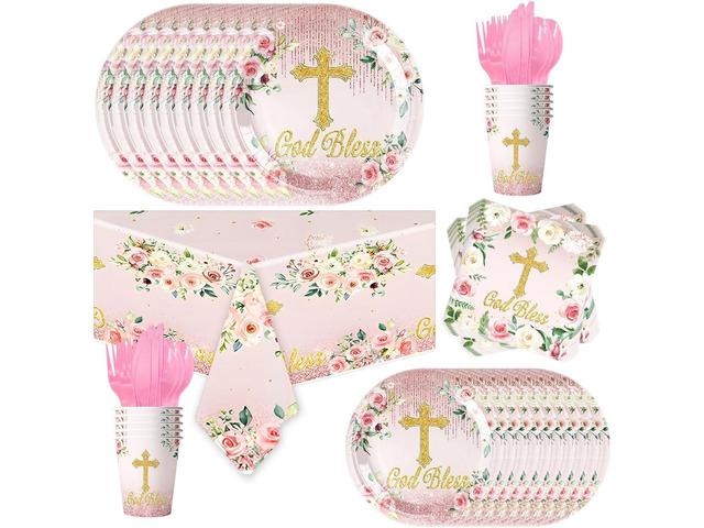 81Pcs Pink God Bless Party Tableware Set Pink First Communion Theme Decoration, Newborn Baptism Church Birthday Party Supplies