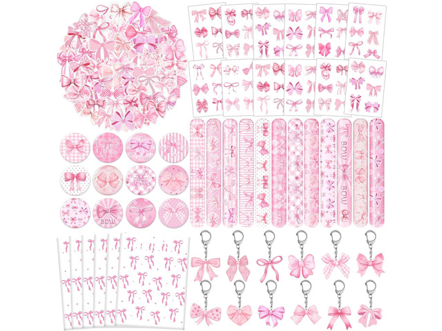 110 PCS Pink Coquette Bow Party Favors, Pink Coquette Bow Temporary Tattoos Slap Bracelets Stickers Keychains Badges Gift Bags for Bow Coquette...