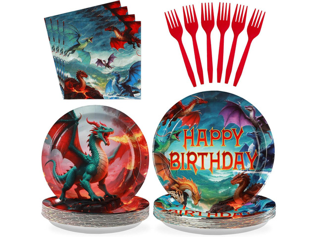 Grencian 96Pcs Dragon Birthday Party Supplies - Red Fire Dragon Party Plates and Napkins Disposable Dragons Theme Dessert Tableware Set for Kids...