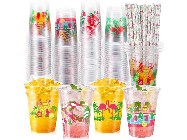 100 Pcs Beach Pool Party Plastic Cups with Straws 12 oz Summer Swimming Disposable Drinking Cups for Beach Pool Luau Holiday Party Favors