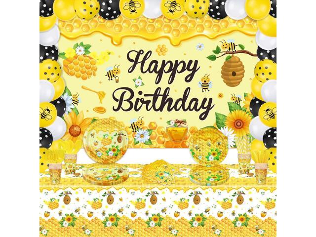 206 Pack Bee Birthday Party Supplies Bee Backdrop Banner Bee Themed Tableware and Balloons Set Bee Themed Baby Shower Party Decorations for Kids...