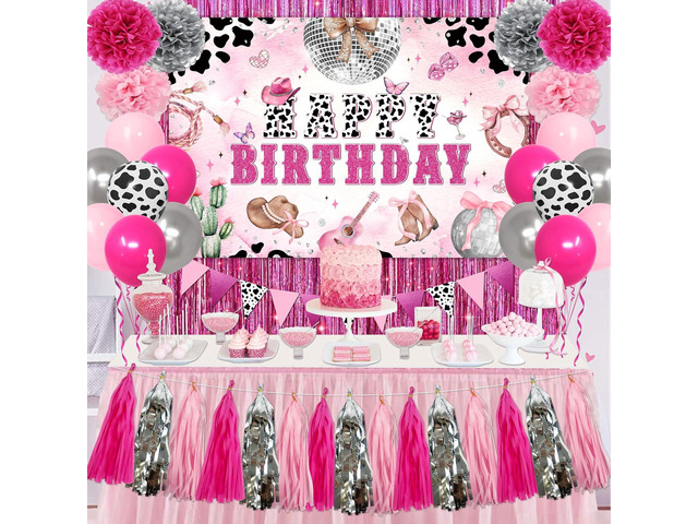 Cowgirl Birthday Party Decorations Disco Cowgirl Party Decorations Disco Cowgirl Happy Birthday Backdrop Hot Pink Cow Balloons Paper PomPoms Pink...
