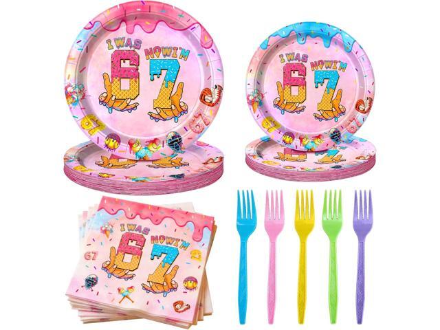100 Pcs Ice Cream Drip 7th Birthday Party Supplies Set,Disposable Paper Plates, Napkins, and Colorful Forks, 6 7 Six Seven Themed Tableware for.