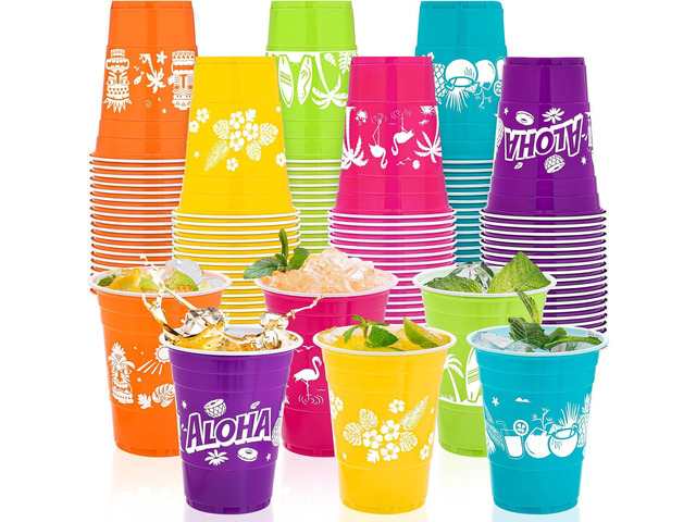 Kochorie 60 Pieces Hawaiian Luau Cups Tiki Party Decorations Cups 16 Oz Tiki Tropical Plastic Disposable Cup Coconut Beach Decoration for Tropical...